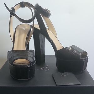 Giuseppe Zanotti Lavinia Black Croc Embossed Platform Heels 38
